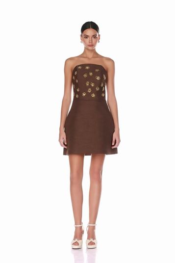 Brown Strapless Mini Evening Dress with Stone Embellishments